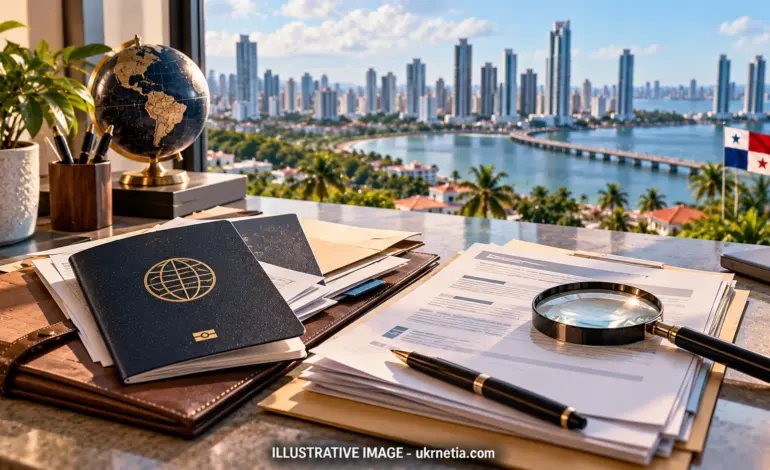 Editorial illustration of a passport, official paperwork, and document folder representing the paperwork needed for Panamanian residency.