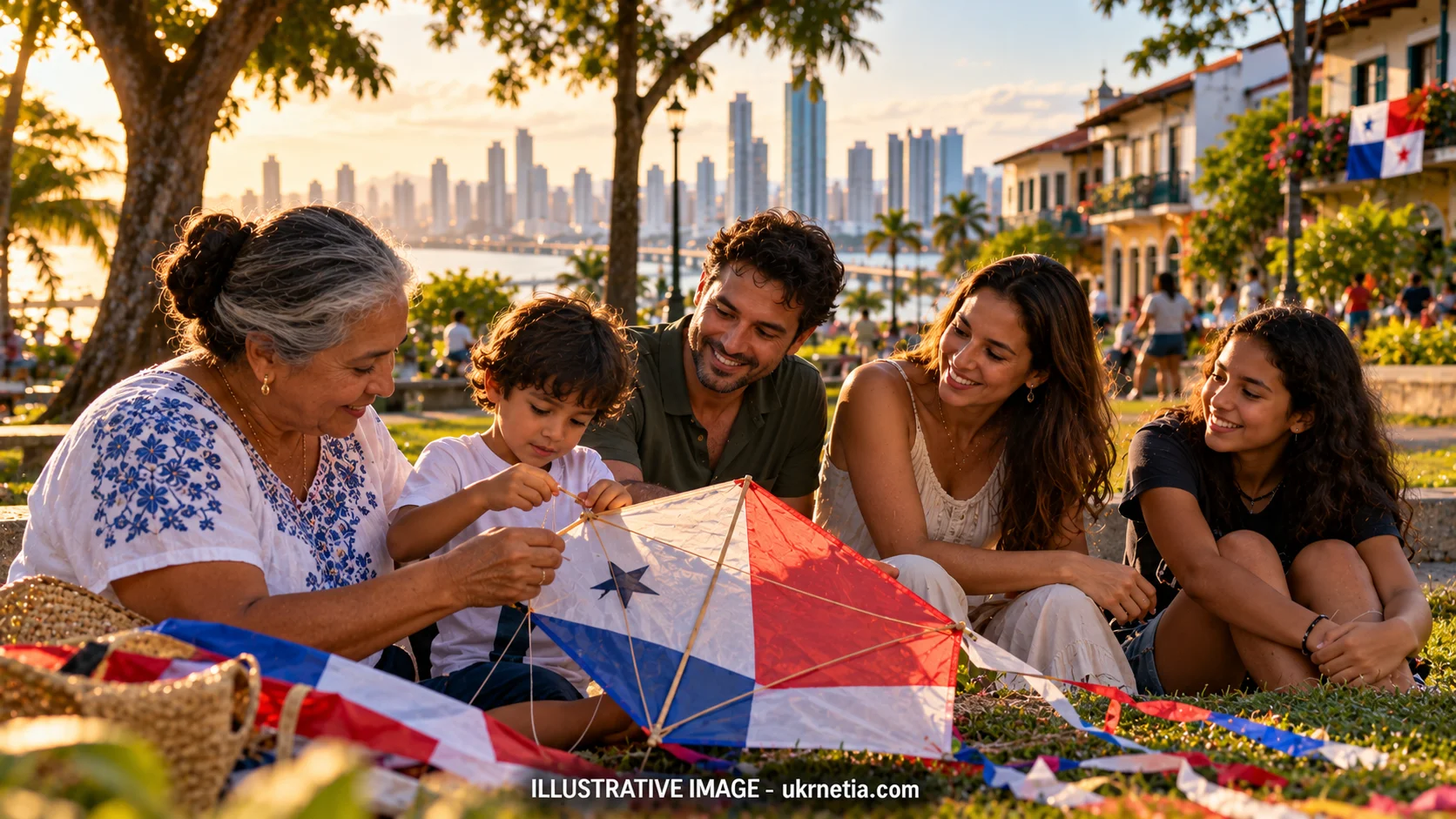 A multigenerational Panamanian family sharing an outdoor meal together in a colorful neighborhood courtyard.