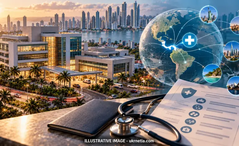 Editorial illustration showing a medical cross, a hospital, and a globe representing international health insurance coverage in Panama.