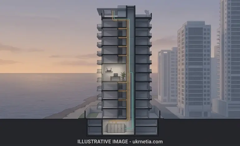 Cutaway illustration of a Panama City residential high-rise showing two internet cable paths rising from a basement equipment room, one reaching only some floors