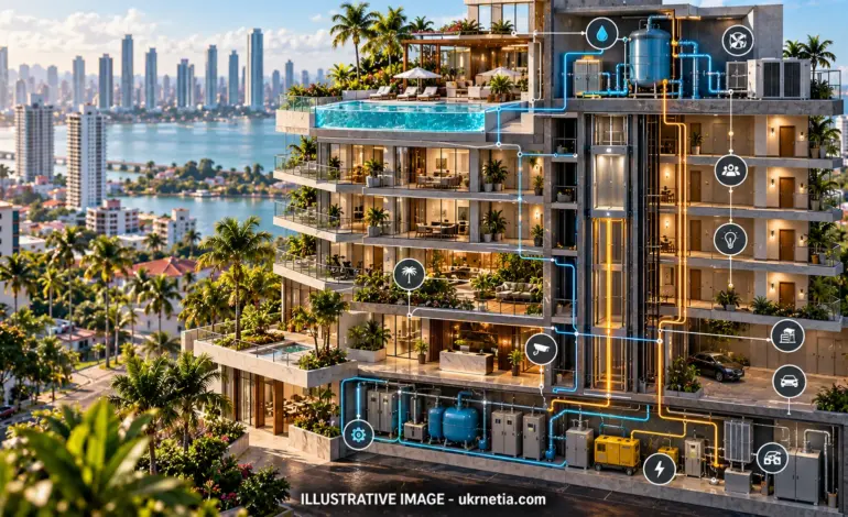 Cutaway architectural model of a Panama City condominium revealing elevator shaft, water pumps, pool equipment, security desk, and rooftop amenities connected by glowing lines