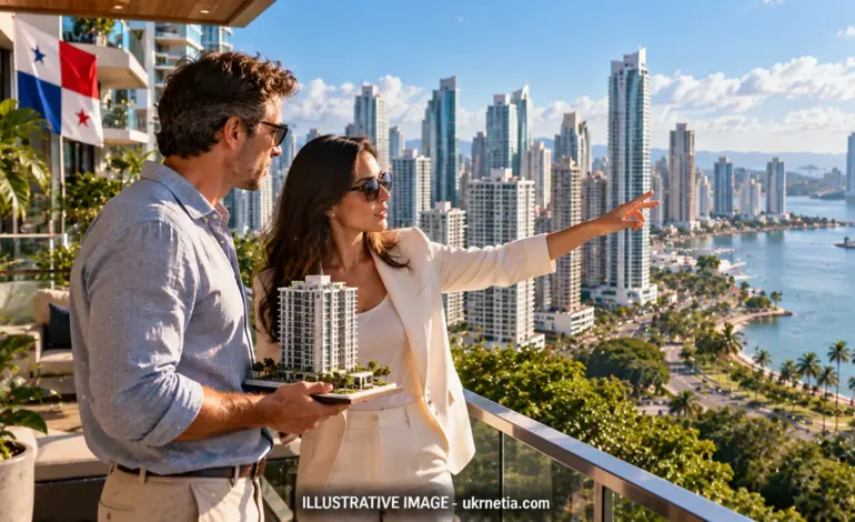International investor speaking with a Panamanian professional on a terrace overlooking Panama City, with the Panamanian flag in the background.