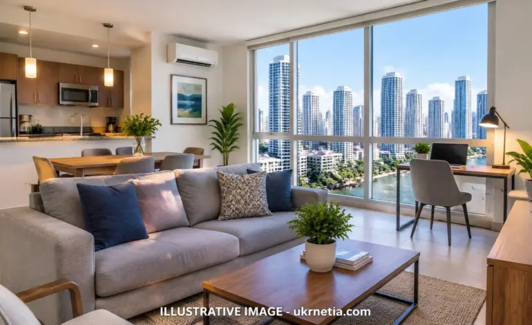 Modern apartment interior in Panama City with a living room, kitchen, and view of the city's high-rise skyline