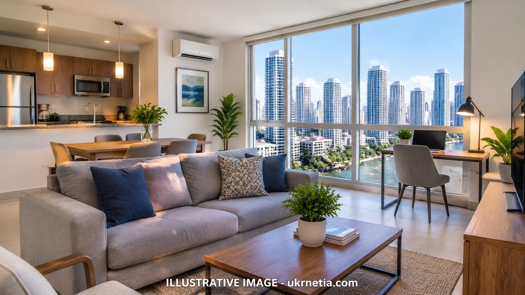 Modern apartment interior in Panama City with a living room, kitchen, and view of the city's high-rise skyline