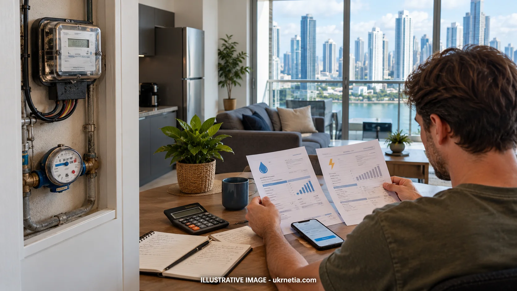 Tenant reviewing water and electricity bills in a Panama City rental apartment